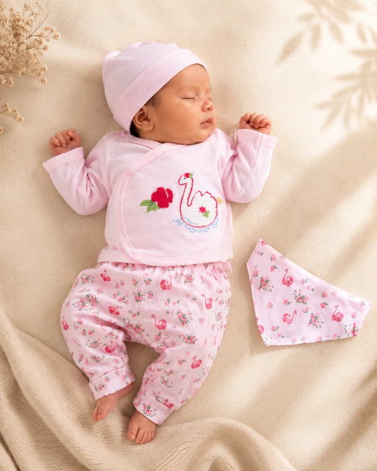 Newborn Baby 5 Pieces Summer Outfit – Shirt, Trouser, Cap, Bib & Mittens