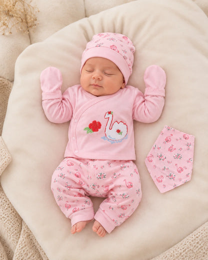 Newborn Baby 5 Pieces Summer Outfit – Shirt, Trouser, Cap, Bib & Mittens