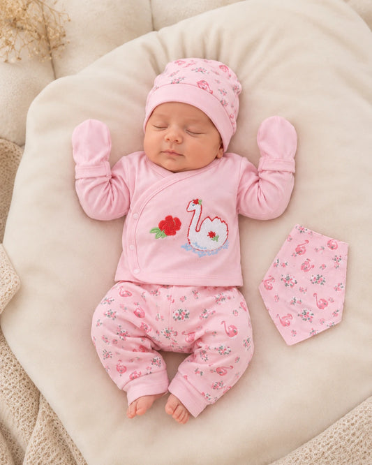 Newborn Baby 5 Pieces Summer Outfit – Shirt, Trouser, Cap, Bib & Mittens