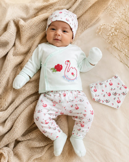 Newborn Baby 5 Pieces Summer Outfit – Shirt, Trouser, Cap, Bib & Mittens