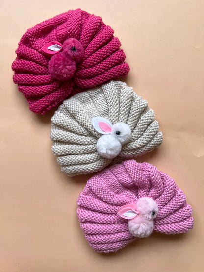 Knitted Baby turban Cap with Bunny Design – Soft & Cozy