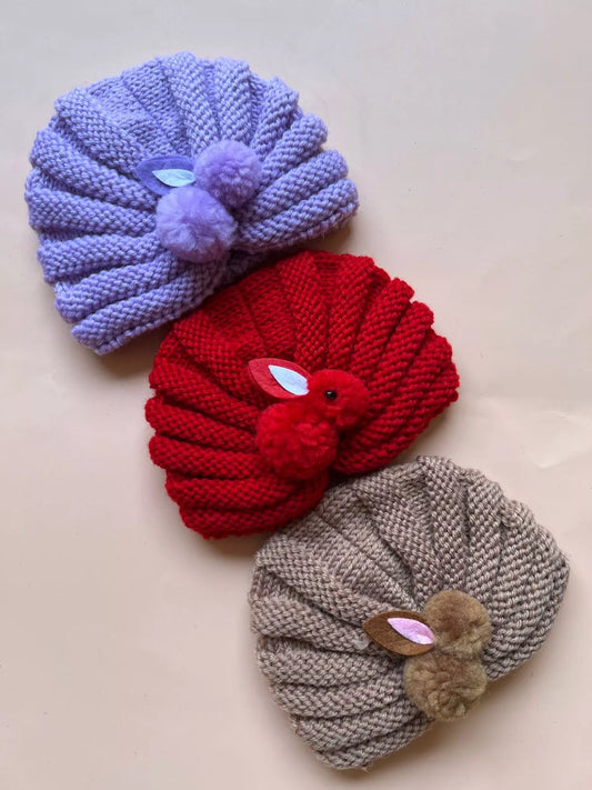 Knitted Baby turban Cap with Bunny Design – Soft & Cozy