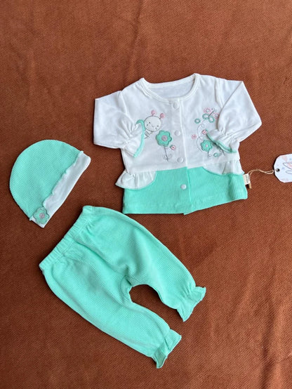 Newborn Baby 3 Piece Outfit Set – Soft Shirt, Trouser and Cap Set for Babies