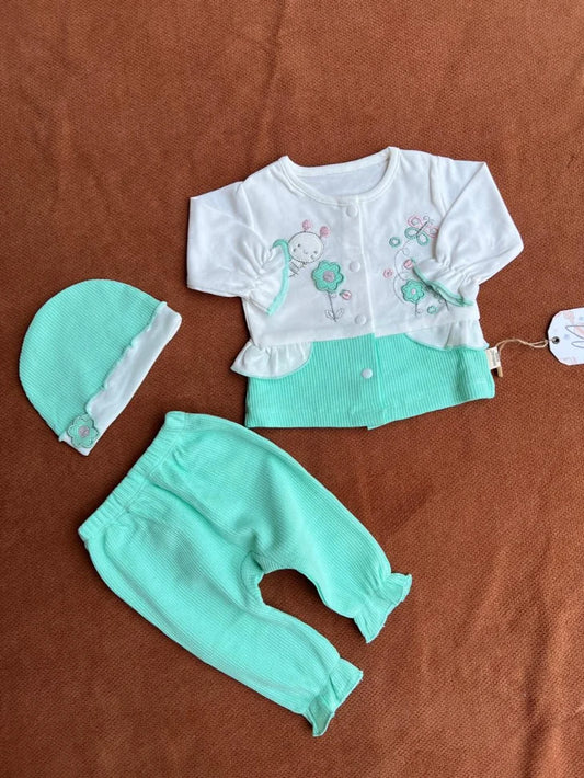 Newborn Baby 3 Piece Outfit Set – Soft Shirt, Trouser and Cap Set for Babies