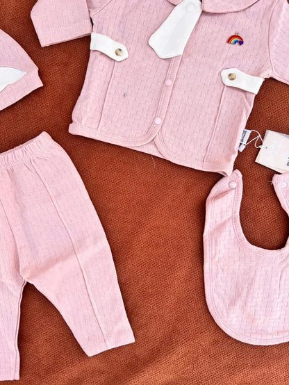 Newborn Baby Summer 4 Pcs Dress Set – Shirt, Trouser, Cap & Bib