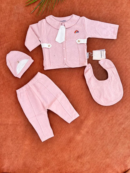Newborn Baby Summer 4 Pcs Dress Set – Shirt, Trouser, Cap & Bib