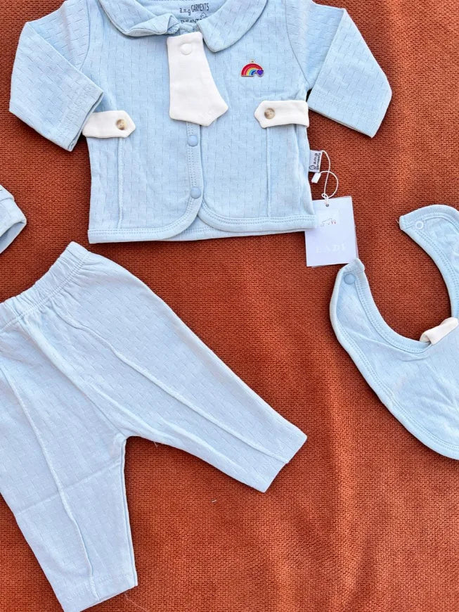 Newborn Baby Summer 4 Pcs Dress Set – Shirt, Trouser, Cap & Bib