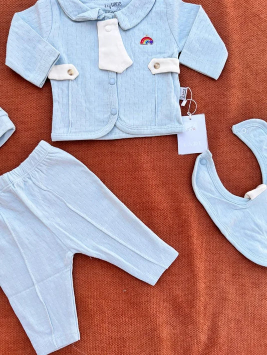 Newborn Baby Summer 4 Pcs Dress Set – Shirt, Trouser, Cap & Bib