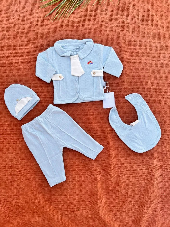 Newborn Baby Summer 4 Pcs Dress Set – Shirt, Trouser, Cap & Bib