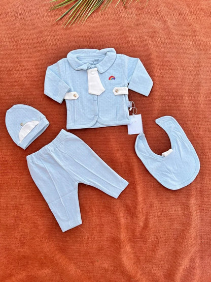 Newborn Baby Summer 4 Pcs Dress Set – Shirt, Trouser, Cap & Bib