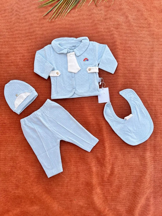 Newborn Baby Summer 4 Pcs Dress Set – Shirt, Trouser, Cap & Bib