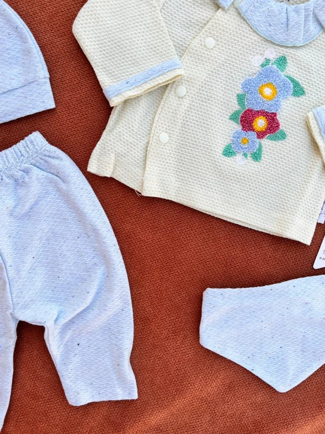 Newborn Baby 4 Pieces Summer Outfit – Shirt, Trouser, Cap & Bib