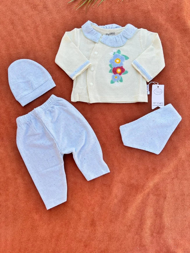 Newborn Baby 4 Pieces Summer Outfit – Shirt, Trouser, Cap & Bib