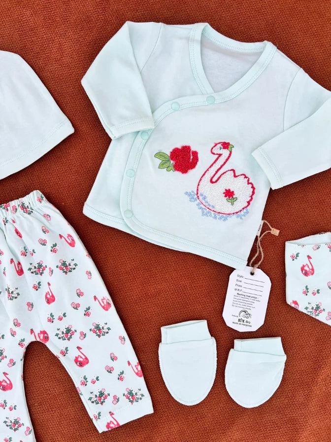 Newborn Baby 5 Pieces Summer Outfit – Shirt, Trouser, Cap, Bib & Mittens