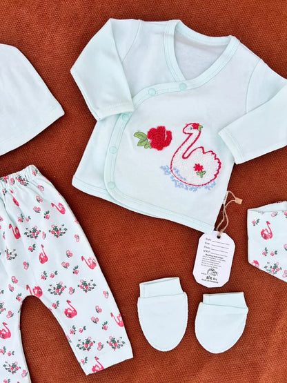 Newborn Baby 5 Pieces Summer Outfit – Shirt, Trouser, Cap, Bib & Mittens