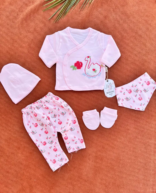 Newborn Baby 5 Pieces Summer Outfit – Shirt, Trouser, Cap, Bib & Mittens