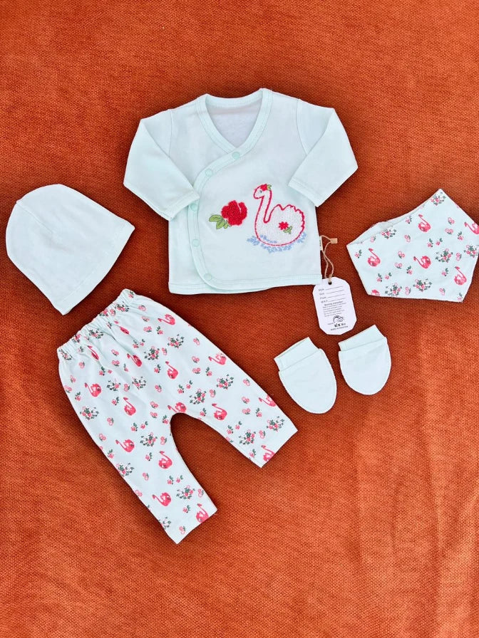Newborn Baby 5 Pieces Summer Outfit – Shirt, Trouser, Cap, Bib & Mittens