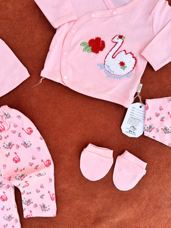 Newborn Baby 5 Pieces Summer Outfit – Shirt, Trouser, Cap, Bib & Mittens