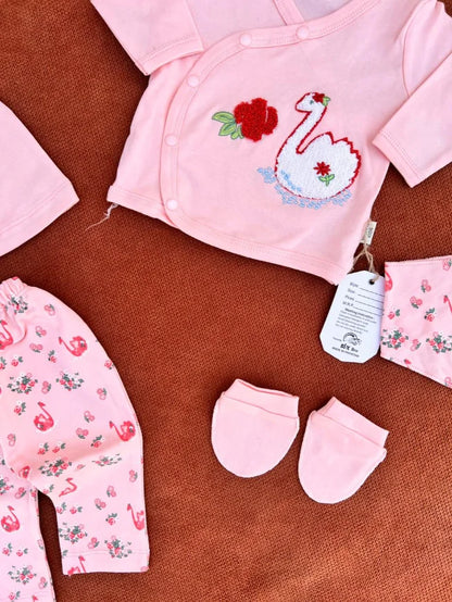 Newborn Baby 5 Pieces Summer Outfit – Shirt, Trouser, Cap, Bib & Mittens