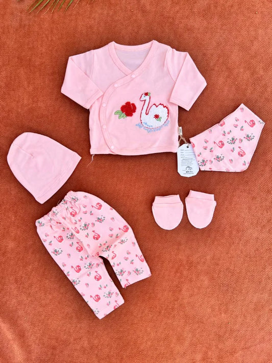 Newborn Baby 5 Pieces Summer Outfit – Shirt, Trouser, Cap, Bib & Mittens