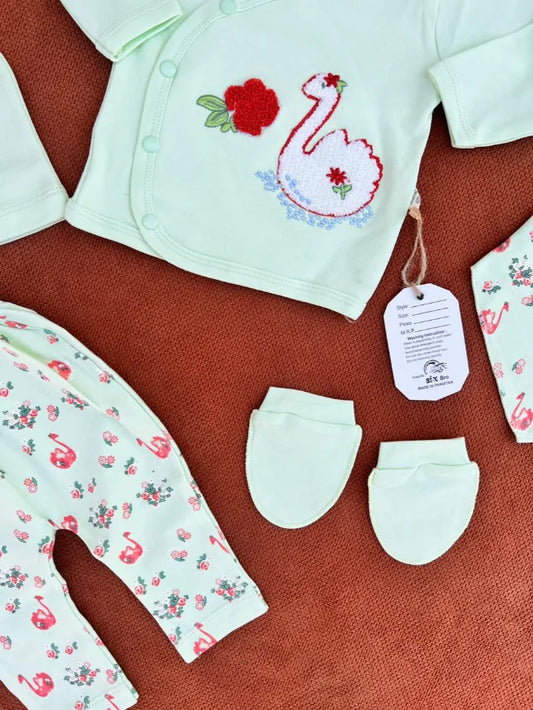Newborn Baby 5 Pieces Summer Outfit – Shirt, Trouser, Cap, Bib & Mittens
