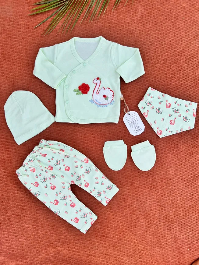 Newborn Baby 5 Pieces Summer Outfit – Shirt, Trouser, Cap, Bib & Mittens