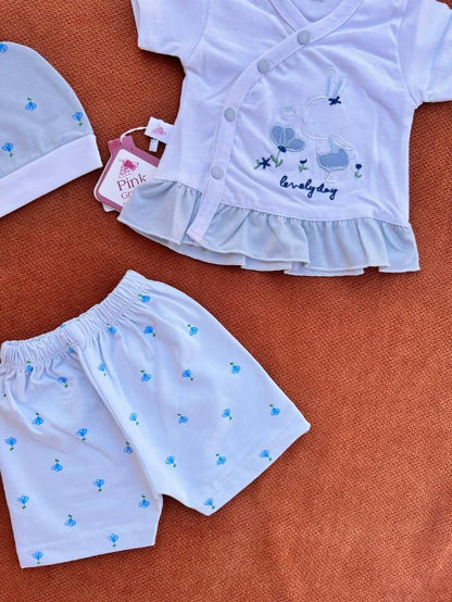 Newborn Baby Girl Summer Cotton 3 Pcs Set – Shirt, Shorts & Cap