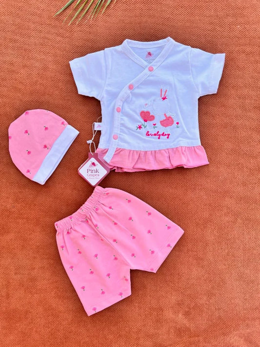Newborn Baby Girl Summer Cotton 3 Pcs Set – Shirt, Shorts & Cap