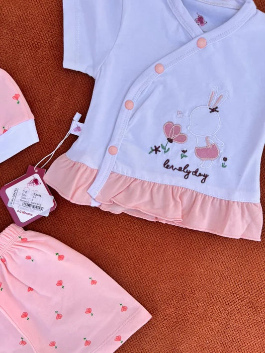 Newborn Baby Girl Summer Cotton 3 Pcs Set – Shirt, Shorts & Cap