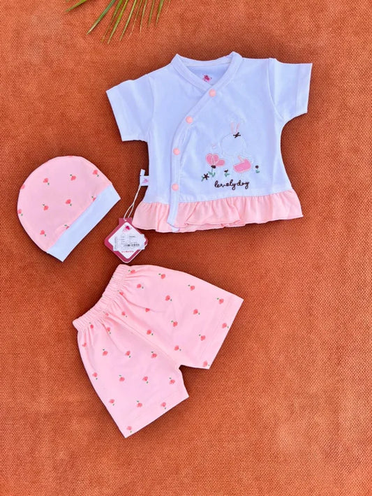 Newborn Baby Girl Summer Cotton 3 Pcs Set – Shirt, Shorts & Cap