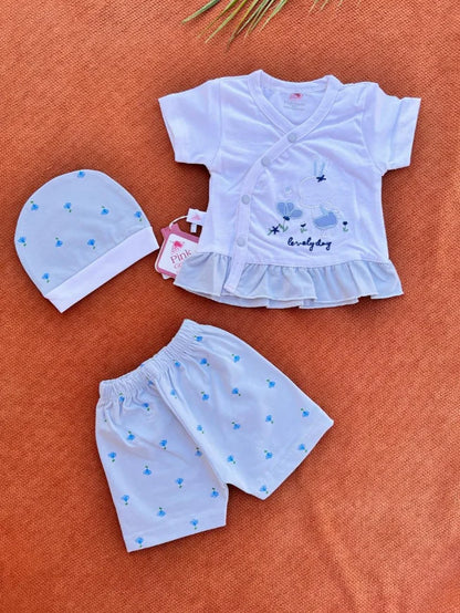 Newborn Baby Girl Summer Cotton 3 Pcs Set – Shirt, Shorts & Cap