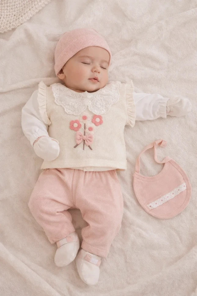 Newborn Baby Girl Waffle 5-Pieces Clothing Set – Soft & Elegant Outfit