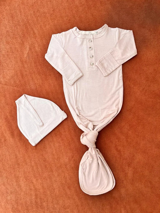 Newborn Cotton Knotted Gown with Cap Set – Baby Sleepwear