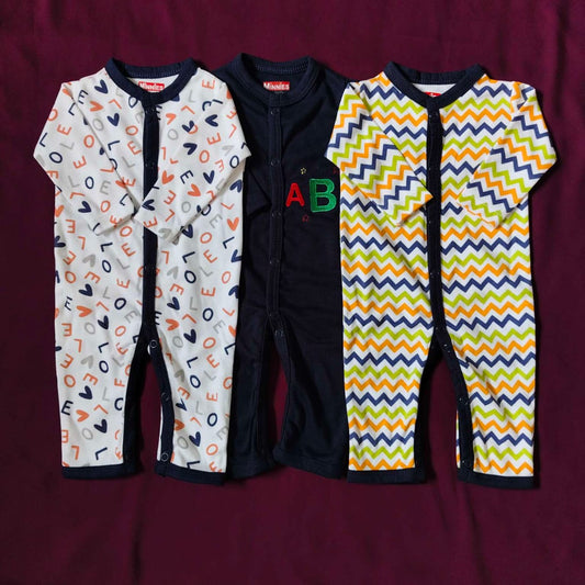 Pack of 3 Baby Rompers – 100% Cotton Printed & Embroidered Sleep Suits Multi