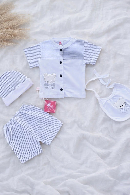 4 Pcs Newborn Baby Cotton Set with Cap & Bib – Soft Summer Outfit 0-3 Months