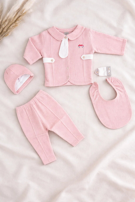 Newborn Baby Summer 4 Pcs Dress Set – Shirt, Trouser, Cap & Bib
