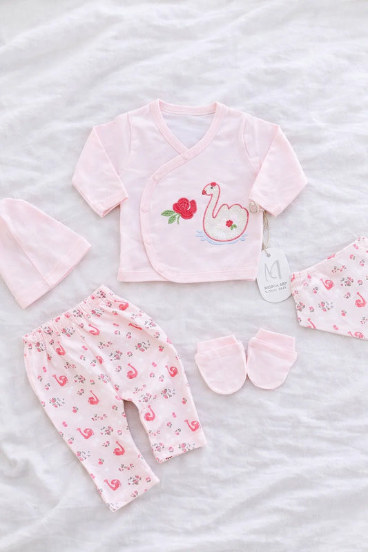 Newborn Baby 5 Pieces Summer Outfit – Shirt, Trouser, Cap, Bib & Mittens