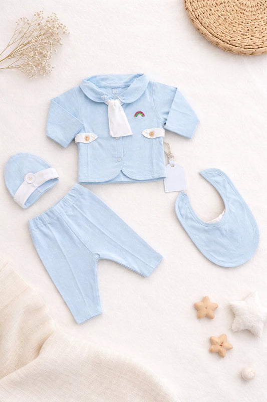 Newborn Baby Summer 4 Pcs Dress Set – Shirt, Trouser, Cap & Bib