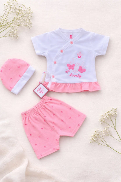 Newborn Baby Girl Summer Cotton 3 Pcs Set – Shirt, Shorts & Cap