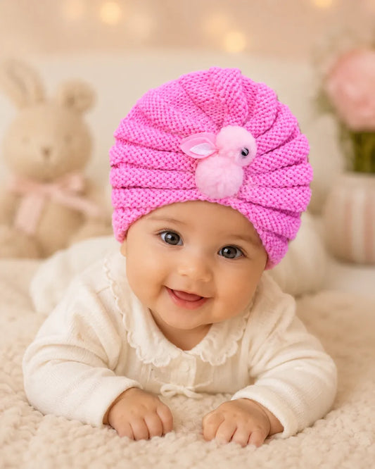 Knitted Baby turban Cap with Bunny Design – Soft & Cozy