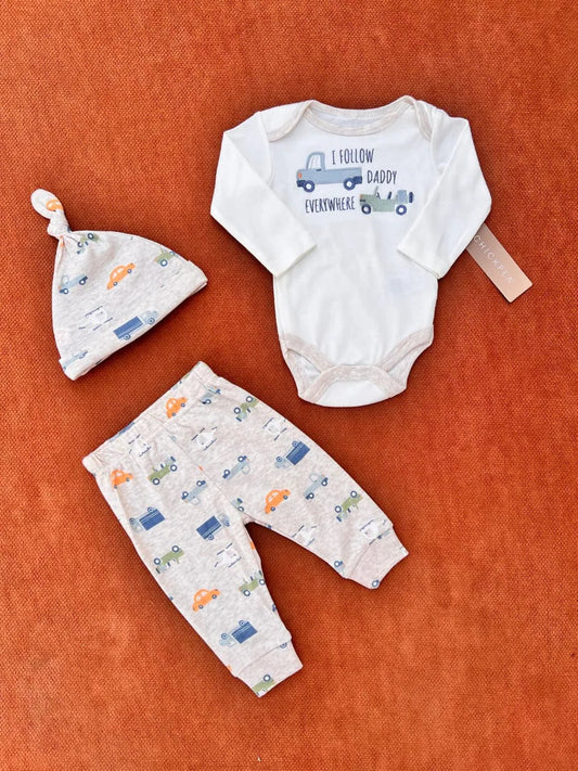 Baby Boy 3 Pcs Cotton Set – Car Print Bodysuit, Trouser & Cap