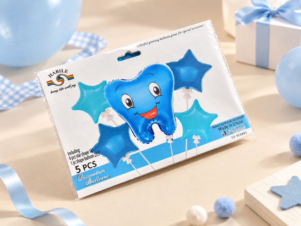 5-Piece Cute Tooth & Star Foil Balloon Set - Pink & Blue Designs
