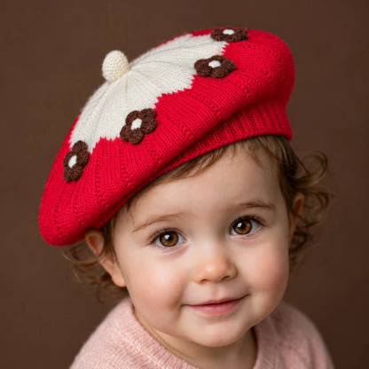Cute Knitted Baby Beret Cap with Floral Design