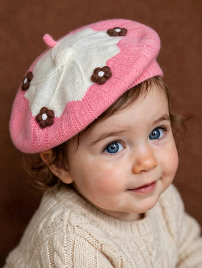 Cute Knitted Baby Beret Cap with Floral Design