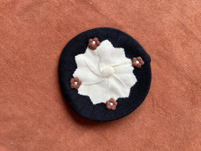Cute Knitted Baby Beret Cap with Floral Design