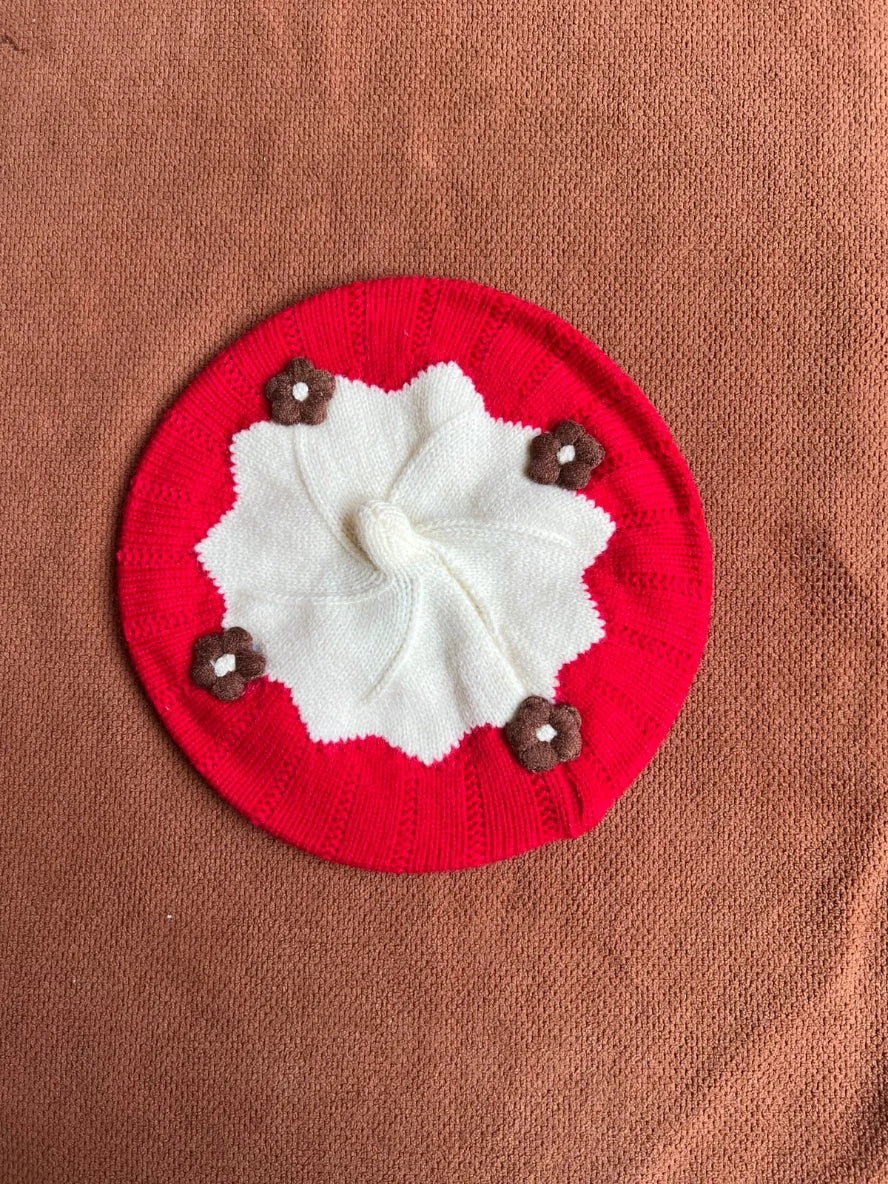 Cute Knitted Baby Beret Cap with Floral Design