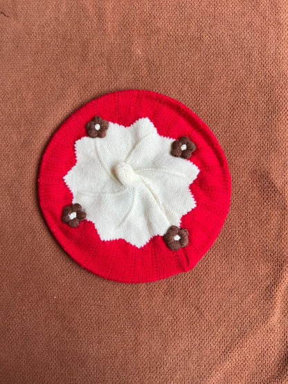 Cute Knitted Baby Beret Cap with Floral Design