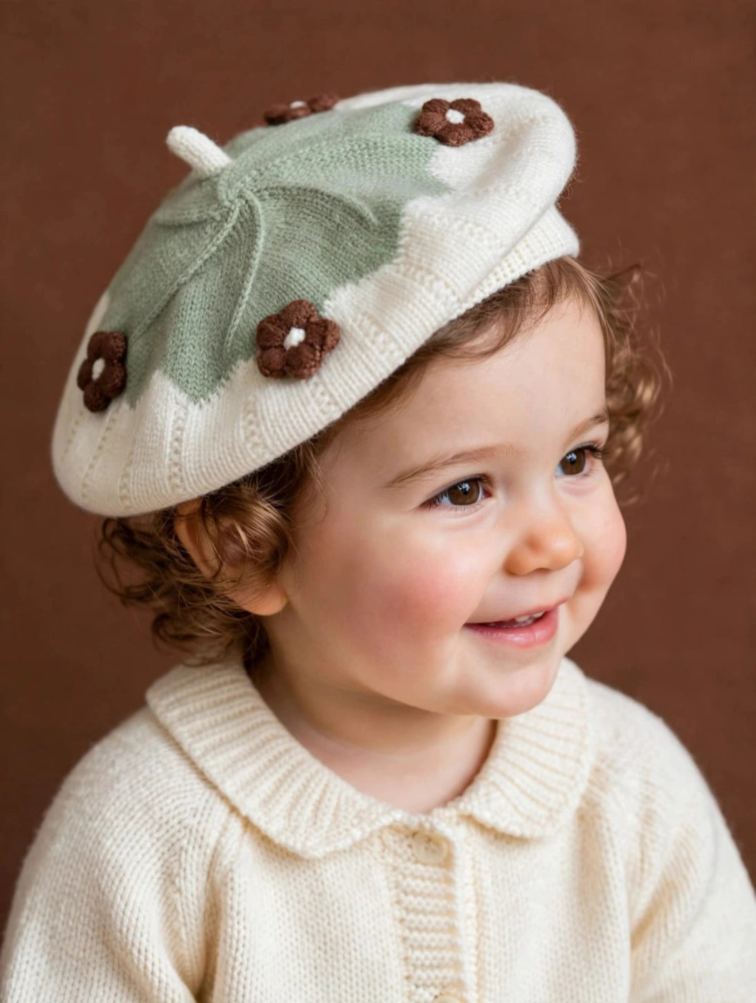 Cute Knitted Baby Beret Cap with Floral Design