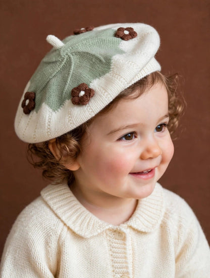 Cute Knitted Baby Beret Cap with Floral Design