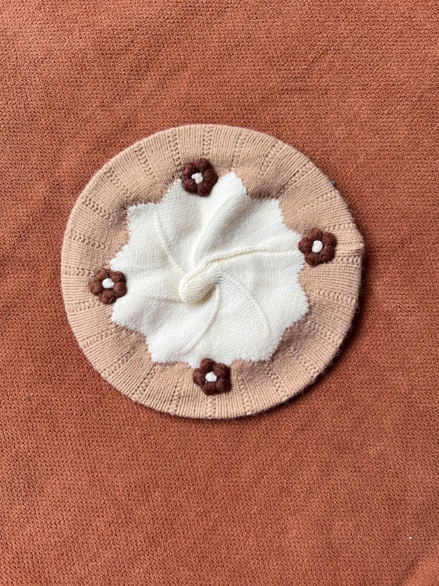 Cute Knitted Baby Beret Cap with Floral Design